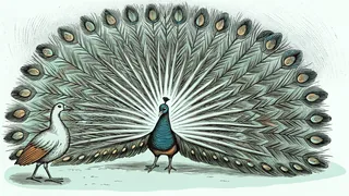 A jeweled hummingbird darts past a peacock's radiant spread tail display.