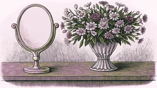 A crystal vase of wildflowers sits on a mahogany table beside a gilded hand mirror.