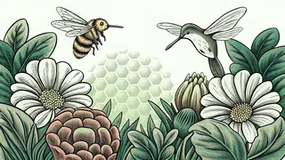 Honeybee and hummingbird hover above blooming flowers near a wooden hive filled with honeycomb and pollen.