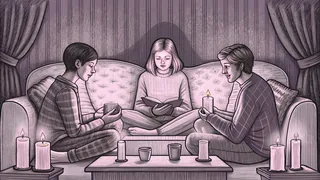 Friends sit together on a couch, listening and sharing stories by candlelight.