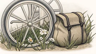 A wheelchair wheel leans in the grass beside a buckled canvas satchel and a few small daisies.