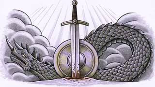 A sword rises above a dragon's scales beside a golden shield and helmet, with blood dripping through the air.