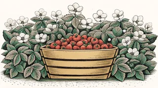 A harvest basket brims with vibrant berries in shades of red, blue, and purple.