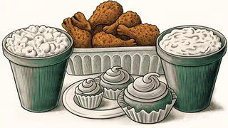 A comfort-food feast featuring fried chicken, mac and cheese, and desserts.