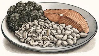 Healthy foods including nuts, fresh vegetables, and fish on a plate