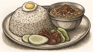 Malaysian street food showcases fragrant rice and spiced curry.