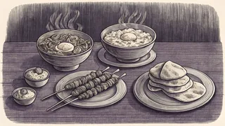 Malaysian dishes including laksa soup, fried rice noodles, satay skewers, and flatbread roti on a table.