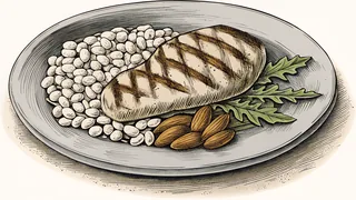 Diverse protein sources from fish, poultry, nuts, and legumes gather together.