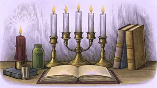 A candlelit laboratory displays brass instruments, glass vials with colored liquids, and aged journals.