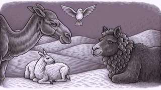 Biblical creatures including a camel, lamb, lion, and dove in an ancient landscape.