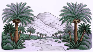 An ancient desert landscape features mountains, palm trees, and a winding river valley.