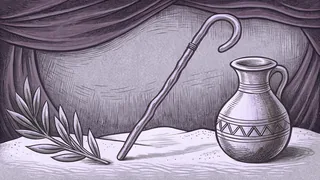 A shepherd's crook leans on a clay jar of bread, an olive branch resting on desert sand.