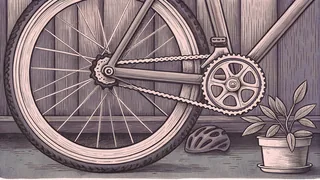 A bicycle stands on its kickstand with visible chain, gears, and rim in clear profile.