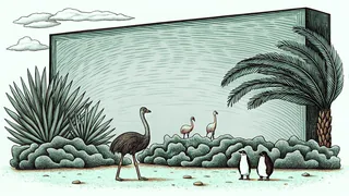 An ostrich and emu stride across dry grassland in enormous proportions.