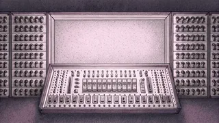 Laboratory test tubes stand in a metal rack beside a circuit board model on a clean white workbench.