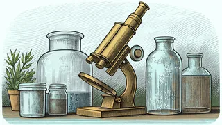 A brass microscope and glass jars of specimens fill a science laboratory.