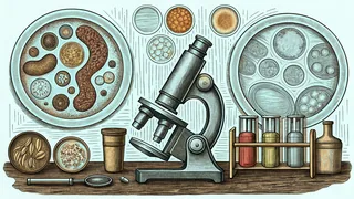 Laboratory workspace with microscope, petri dishes, and specimen slides.