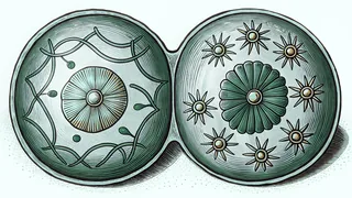 A microscope showing cells dividing through mitosis with visible chromosomes and genetic material.