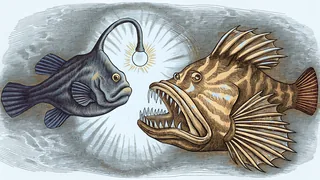 Glowing deep-sea creatures including anglerfish and luminescent squid in dark waters.