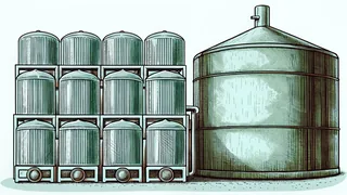 A rack of sealed glass vials sits beside a pipette and a large stainless steel bioreactor tank.