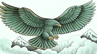 Golden eagle diving through clouds with talons extended toward peaks.