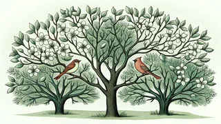 Colorful cardinals, robins, and songbirds perch on budding spring branches amid blooming cherry and apple trees.
