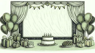A birthday party scene with cake, candles, balloons, and gifts.