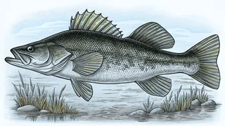 A walleye swims beneath the Dakota sky with prairie oil fields in the distance.