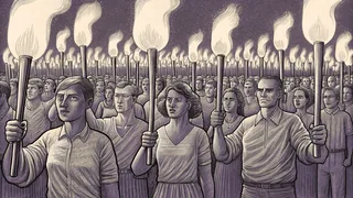 A diverse group marches together with raised torches celebrating freedom and justice.