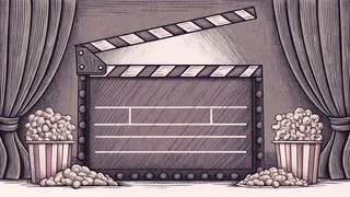 A clapper board with a blank slate rests next to a popcorn box on a film set.