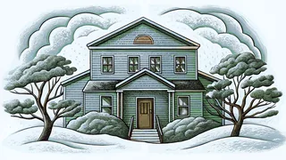 A house nearly disappears under tall snowdrifts during a winter blizzard.