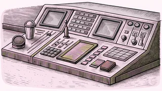 A radio dispatcher's console sits on a police station desk with a coffee thermos.
