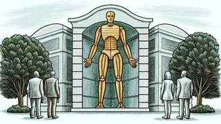 A wooden anatomical model shows human body parts and skeletal structure.