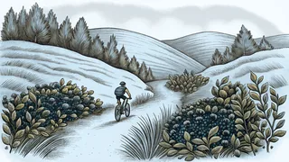 A mountain biker navigates a trail through blooming huckleberry bushes.