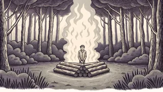 A bonfire of stacked logs burning beside a folded blanket in a field.