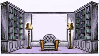 A plush leather armchair sits in a library corner beside a warm reading lamp and tall wooden shelving.