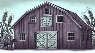 A red barn stands beside a horse, tall cornstalks, and a leafy fern.