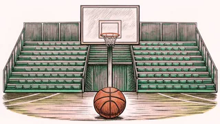 A basketball hoop and ball sit on a wooden court with empty bleachers behind.