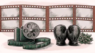 A film strip and old movie camera rest beside classic boxing gloves.