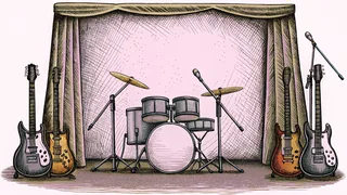 A drum kit, guitars, and microphone stands sit ready on a concert stage.