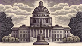 A domed capitol building rises behind a judge's gavel and a pair of brass scales.