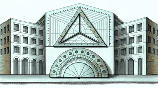 Geometric shapes, rulers, and mathematical instruments arranged on a work surface.