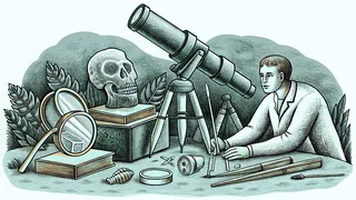 A scientist at a microscope surrounded by a telescope, fossils, and lab equipment.