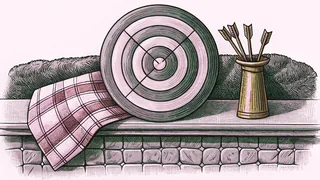 A wooden archery target and quiver of arrows rest beside a tartan blanket on a weathered stone ledge.