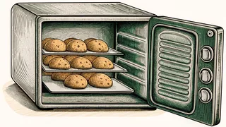 Fresh-baked bread loaves cool on a wooden board beside an open oven with rolls.