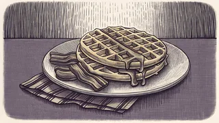 Waffles with syrup and bacon sizzling on a breakfast plate.
