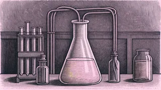 Laboratory glassware filled with colored liquid and chemical vessels sit on a lab table.