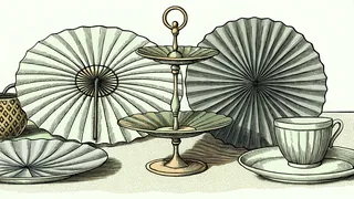 A tiered cake stand and a china teacup, with two paper fans and a patterned creamer.