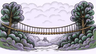 A rope bridge spans a misty valley toward a distant enchanted castle.