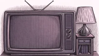 A boxy television set with rabbit-ear antennae sits on a side table with a lamp.